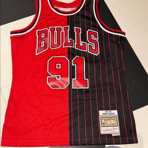 Mitchell & Ness Bulls Red and Black Pinstripe Jersey